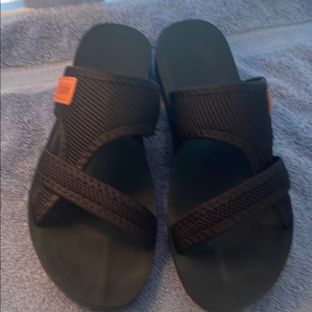 Black Slide Sandals with Orange Accent